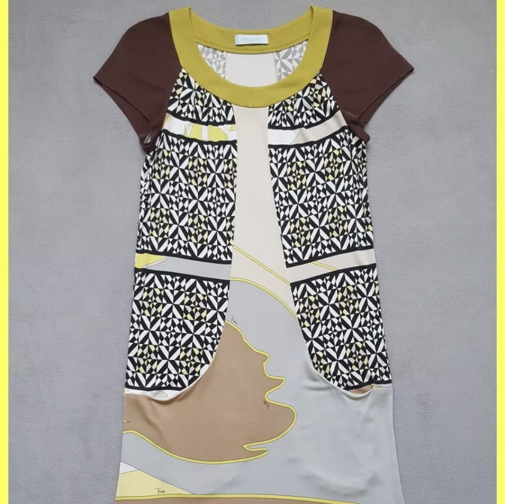 EUC EMILIO PUCCI GREEN BROWN GRAY BLACK PRINT STRETCH JERSEY TUNIC DRESS 40 6 4